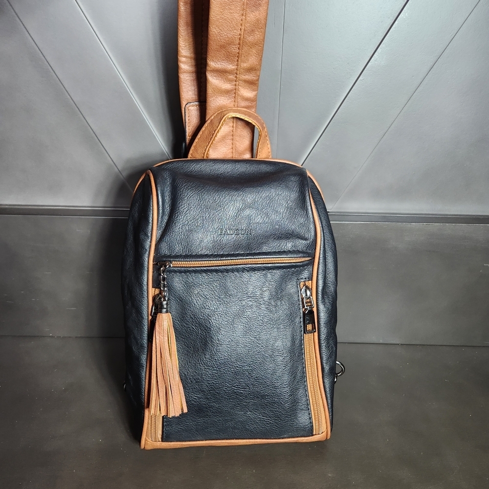 Fadeon Two-Tone Black and Tan Faux Leather Crossbody Sling Shoulder Bag